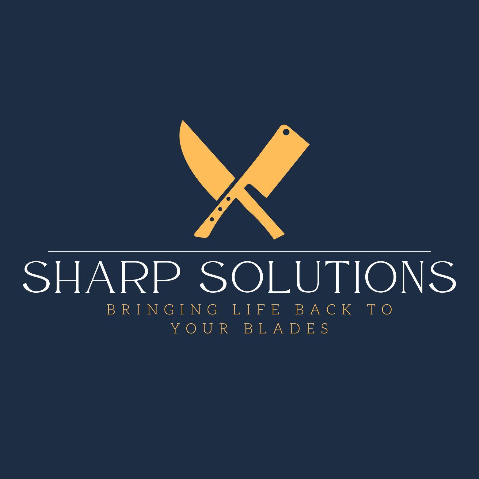 Sharp Solutions logo with crossed knife and cleaver on a dark background. KNIFE SHARPENING SHARP SERVICES WETSTONE KEN ONION